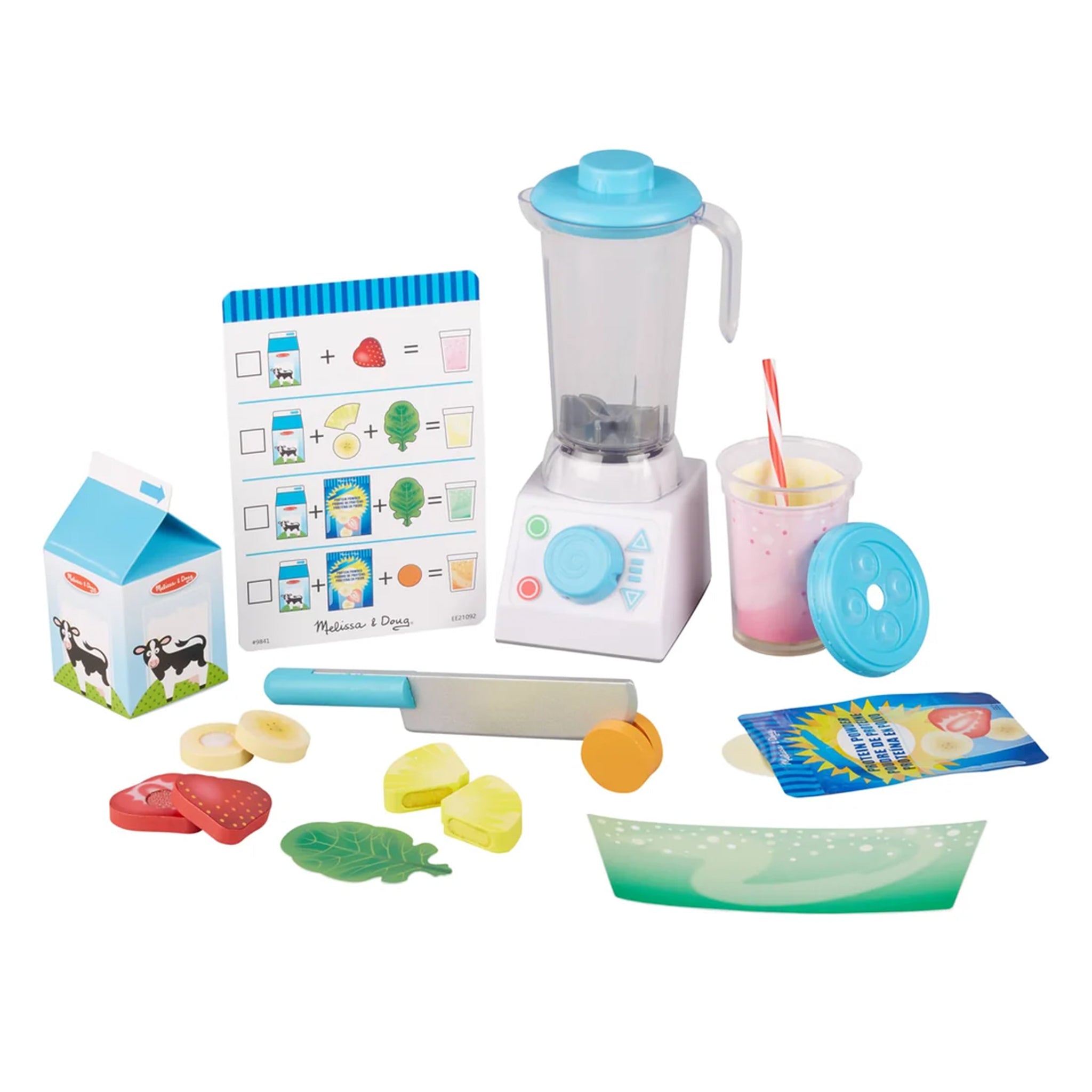 Toy blender set with accessories on a white background