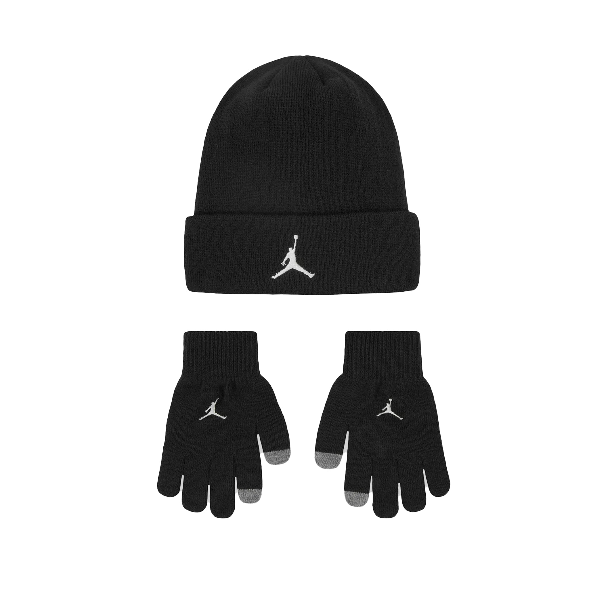 A black knit beanie and matching gloves set, both featuring a white embroidered Jumpman logo on the cuff and finger area, with gray tips on the gloves, shown on a plain white background.