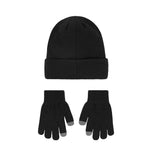 A black knit beanie hat with a matching pair of black gloves featuring light gray fingertips, displayed on a solid white background.