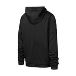 A black pullover hoodie shown from the back, featuring a kangaroo pocket and ribbed cuffs and hem, on a solid white background.