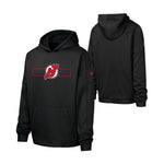 Black pullover hoodie shown from the front and back on a white background. The front features a red and white New Jersey Devils hockey graphic on the chest with '2025' and 'HOCKEY' text.