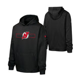 Black pullover hoodie shown from the front and back on a white background. The front features a red and white New Jersey Devils hockey graphic on the chest with '2025' and 'HOCKEY' text.