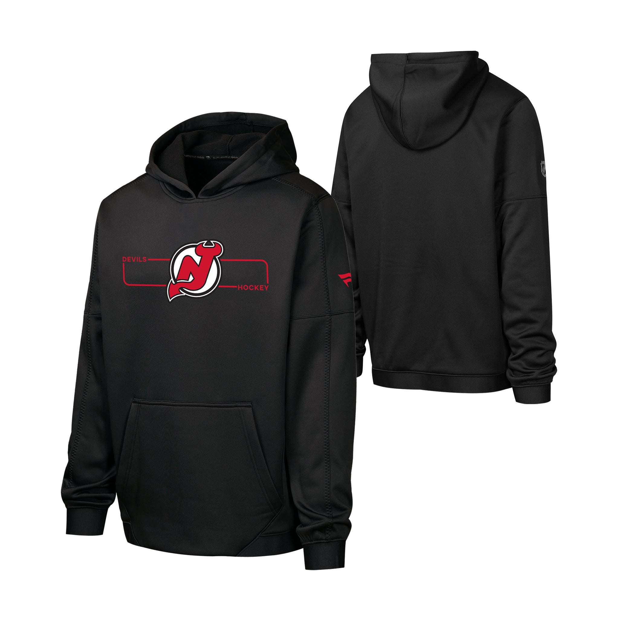 Black pullover hoodie shown from the front and back on a white background. The front features a red and white New Jersey Devils hockey graphic on the chest with '2025' and 'HOCKEY' text.