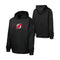 Black pullover hoodie shown from the front and back on a white background. The front features a red and white New Jersey Devils hockey graphic on the chest with '2025' and 'HOCKEY' text.