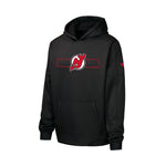 A black pullover hoodie featuring the New Jersey Devils NHL logo on the chest, with a red sleeve logo, shown on a plain white background.
