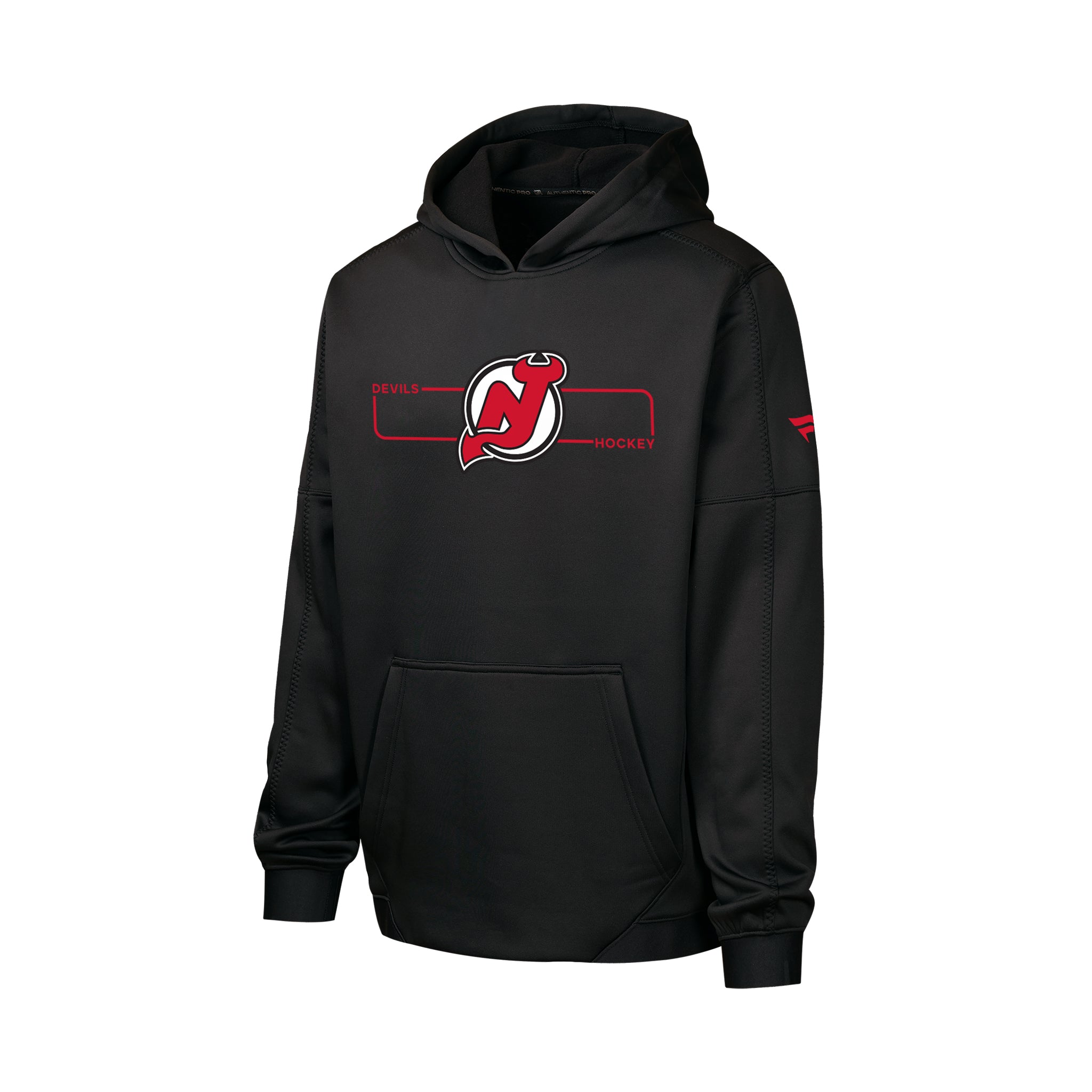 A black pullover hoodie featuring the New Jersey Devils NHL logo on the chest, with a red sleeve logo, shown on a plain white background.
