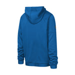 A royal blue pullover hoodie shown from the back, featuring a small brown brand patch on the left sleeve, set against a plain white background.