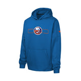 A royal blue pullover hoodie featuring the New York Islanders logo on the chest and a small orange logo on the sleeve, displayed on a clean white background.