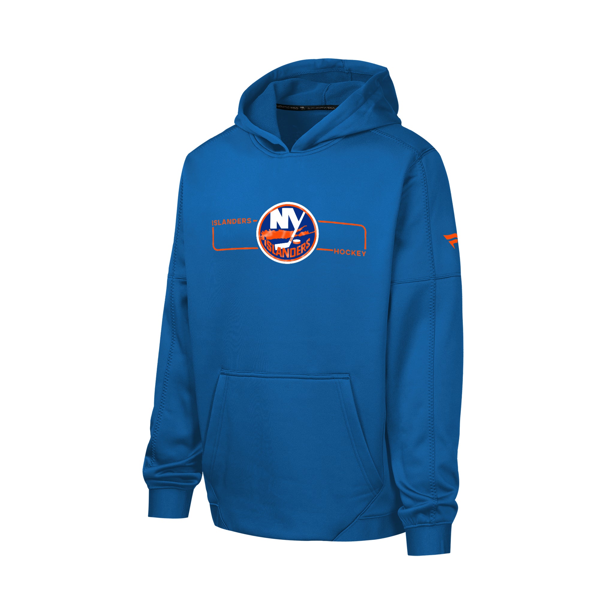 A royal blue pullover hoodie featuring the New York Islanders logo on the chest and a small orange logo on the sleeve, displayed on a clean white background.