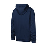 A navy blue hooded sweatshirt shown from the back, featuring a small circular logo patch on the left sleeve, set against a plain white background.