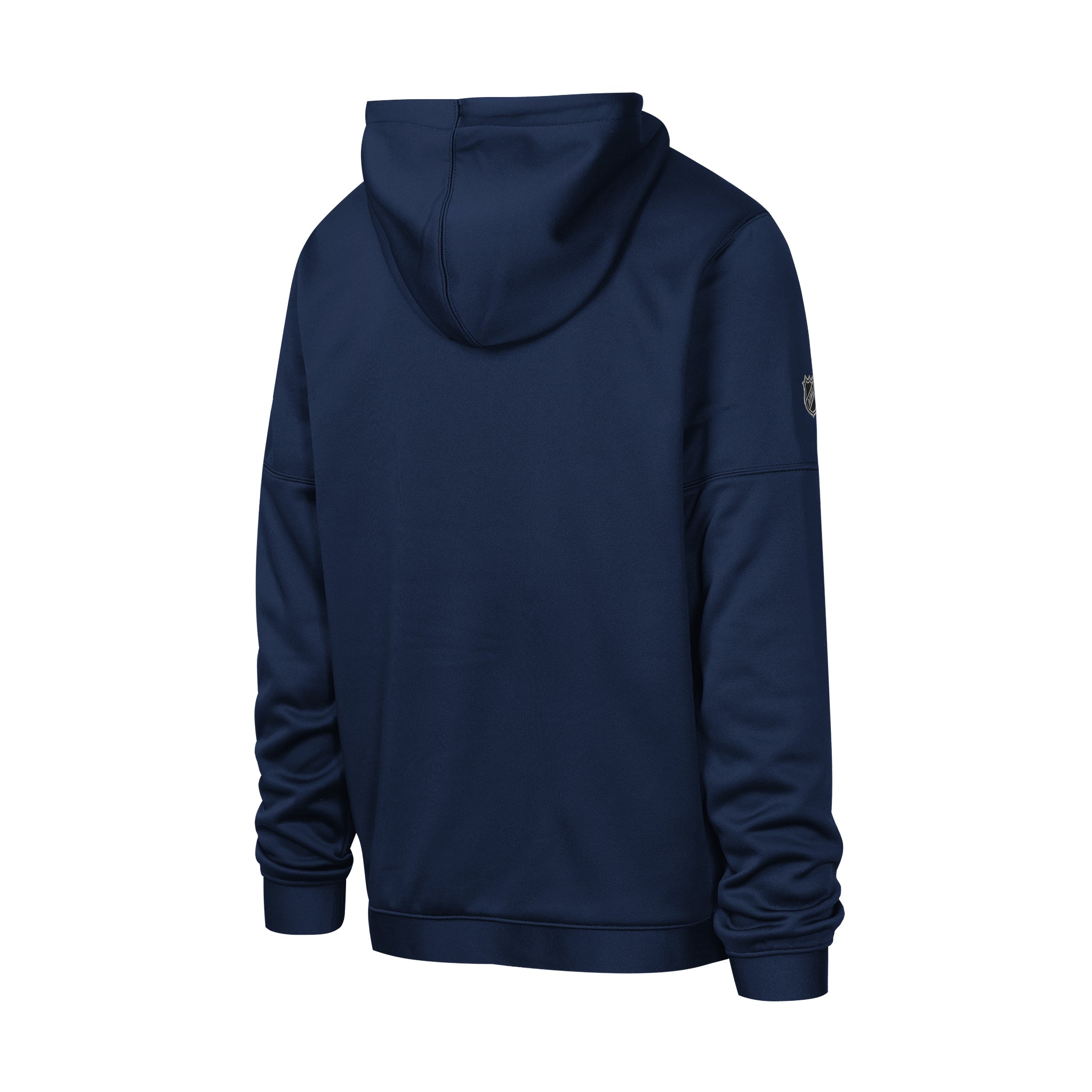 A navy blue hooded sweatshirt shown from the back, featuring a small circular logo patch on the left sleeve, set against a plain white background.
