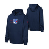 A navy blue pullover hoodie shown from both the front and back. The front features a New York Rangers hockey graphic on the chest with red and white details, and a red logo on the left sleeve.