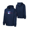 A navy blue pullover hoodie shown from both the front and back. The front features a New York Rangers hockey graphic on the chest with red and white details, and a red logo on the left sleeve.