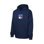 A navy blue pullover hoodie featuring the New York Rangers hockey team crest on the center chest, with a red sleeve logo, shown against a plain white background.