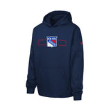 A navy blue pullover hoodie featuring the New York Rangers hockey team crest on the center chest, with a red sleeve logo, shown against a plain white background.