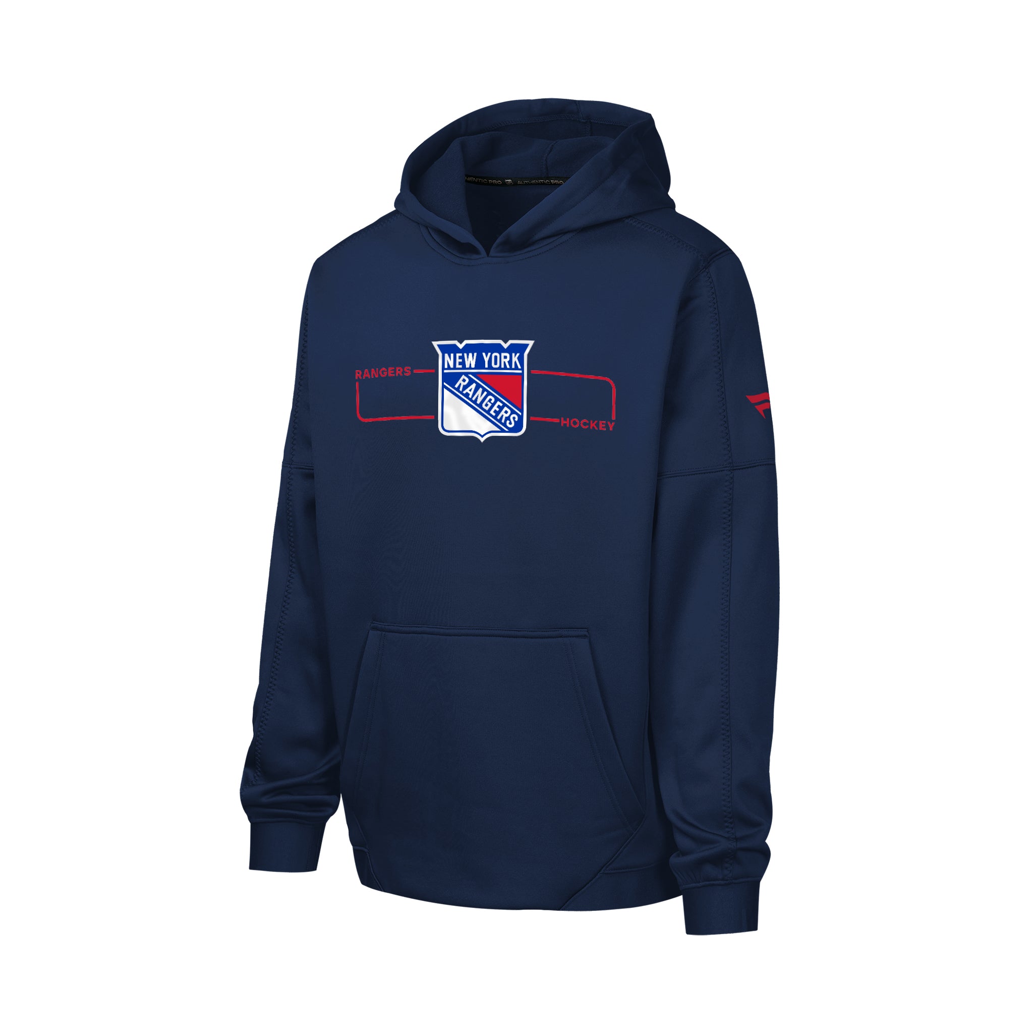 A navy blue pullover hoodie featuring the New York Rangers hockey team crest on the center chest, with a red sleeve logo, shown against a plain white background.