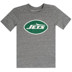 A heather gray short-sleeve t-shirt featuring the green and white New York Jets oval logo on the chest, displayed against a solid white background.