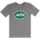 A heather gray short-sleeve t-shirt featuring the green and white New York Jets oval logo on the chest, displayed against a solid white background.