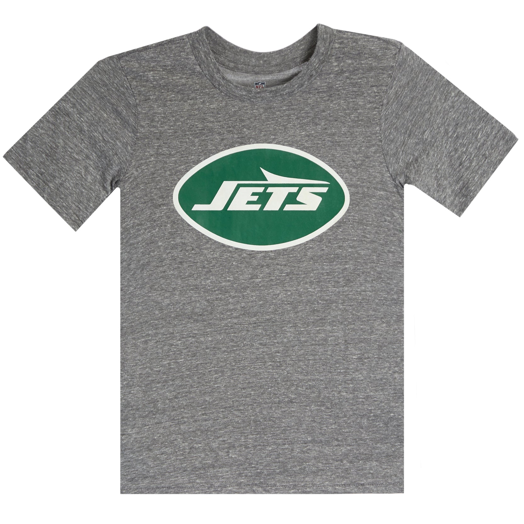 A heather gray short-sleeve t-shirt featuring the green and white New York Jets oval logo on the chest, displayed against a solid white background.