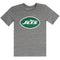 A heather gray short-sleeve t-shirt featuring the green and white New York Jets oval logo on the chest, displayed against a solid white background.