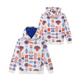 A white pullover hoodie with an all-over New York Knicks themed print in orange and blue, shown from both front and back views against a plain white background.
