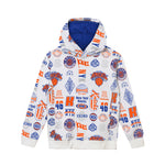 A white pullover hoodie featuring an all-over New York Knicks graphic print in orange and blue, with a solid blue hood lining, shown against a plain white background.