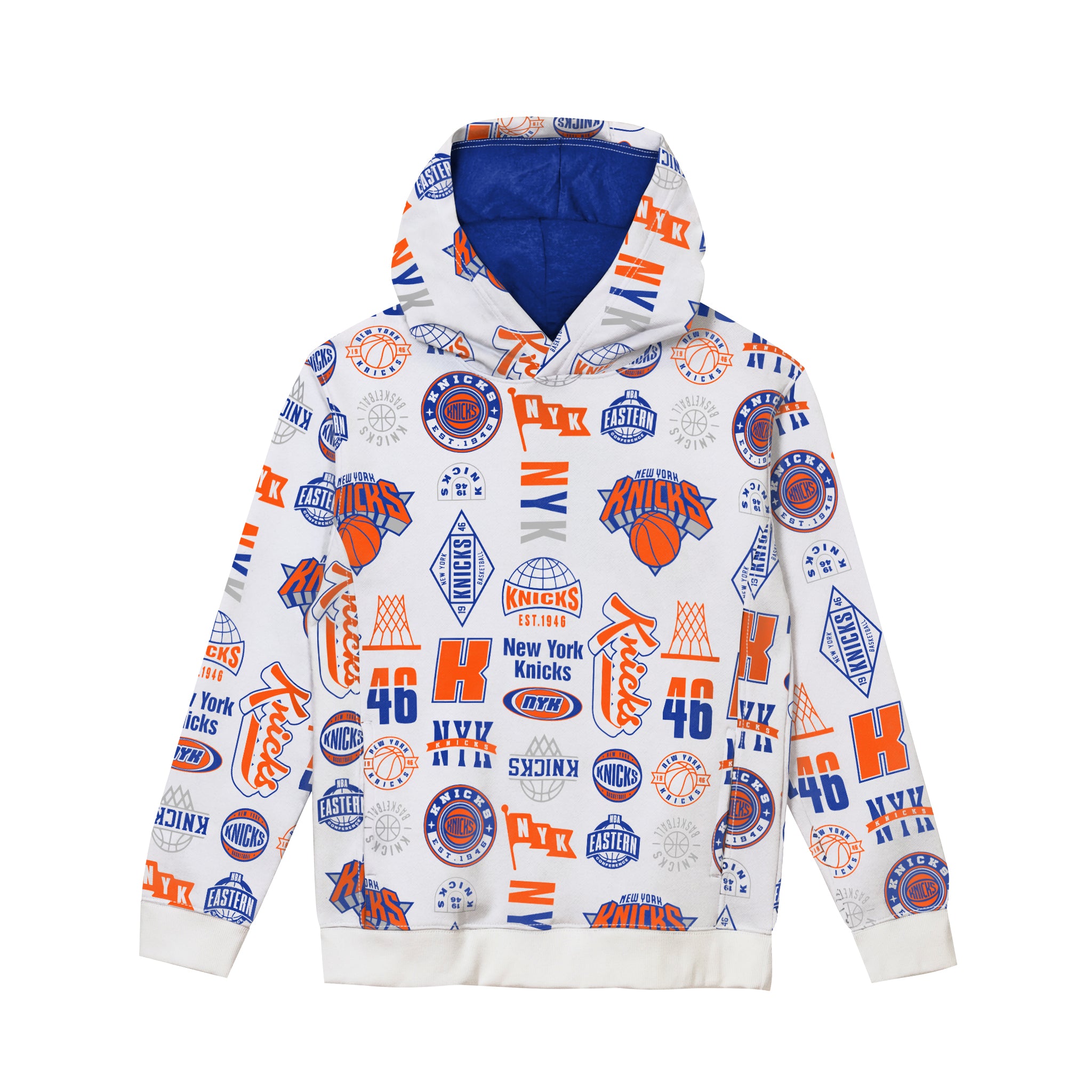A white pullover hoodie featuring an all-over New York Knicks graphic print in orange and blue, with a solid blue hood lining, shown against a plain white background.