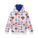 A white pullover hoodie featuring an all-over New York Knicks graphic print in orange and blue, with a solid blue hood lining, shown against a plain white background.