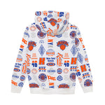 White pullover hoodie with an all-over New York Knicks graphic print in blue and orange, featuring team logos, numbers, and text.