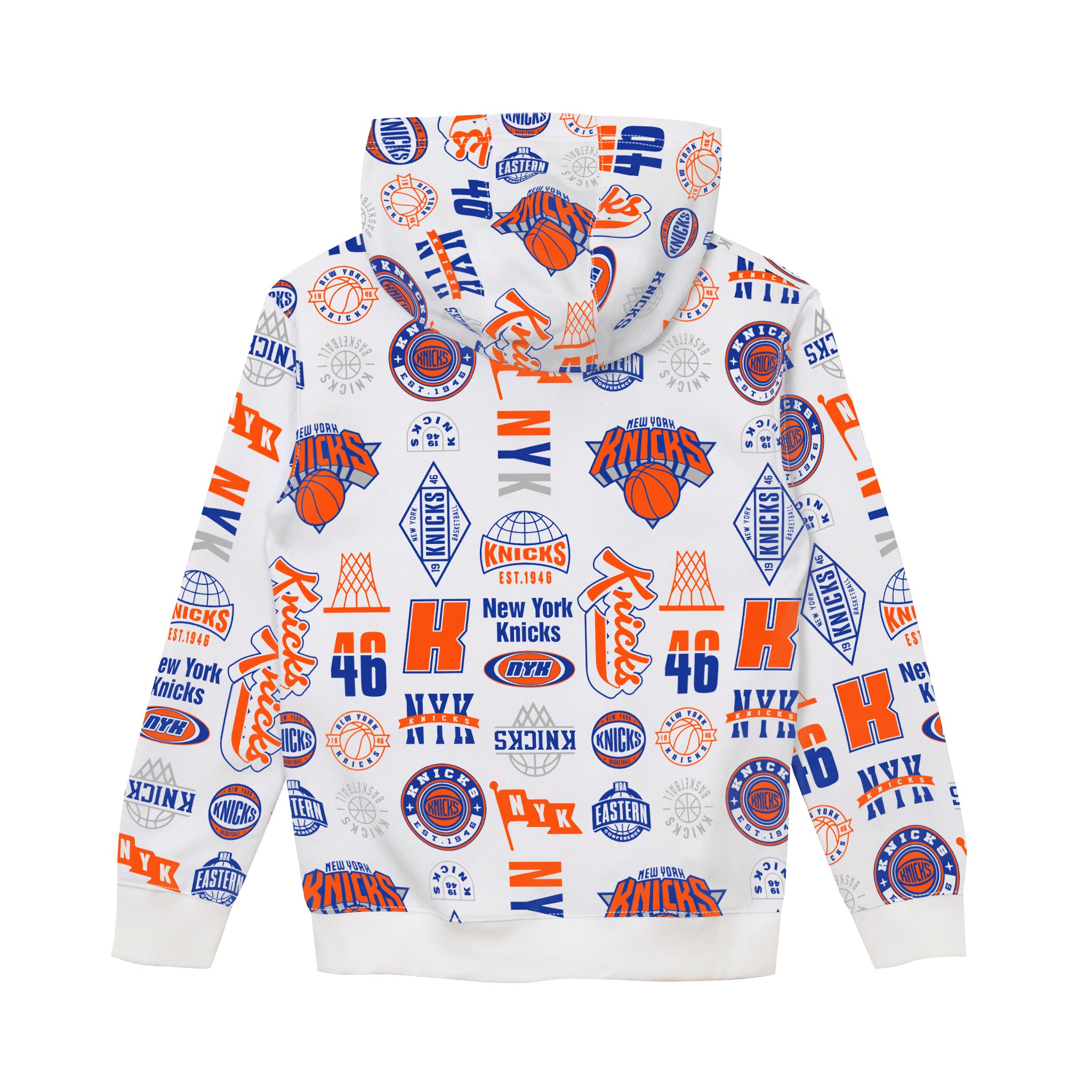 White pullover hoodie with an all-over New York Knicks graphic print in blue and orange, featuring team logos, numbers, and text.