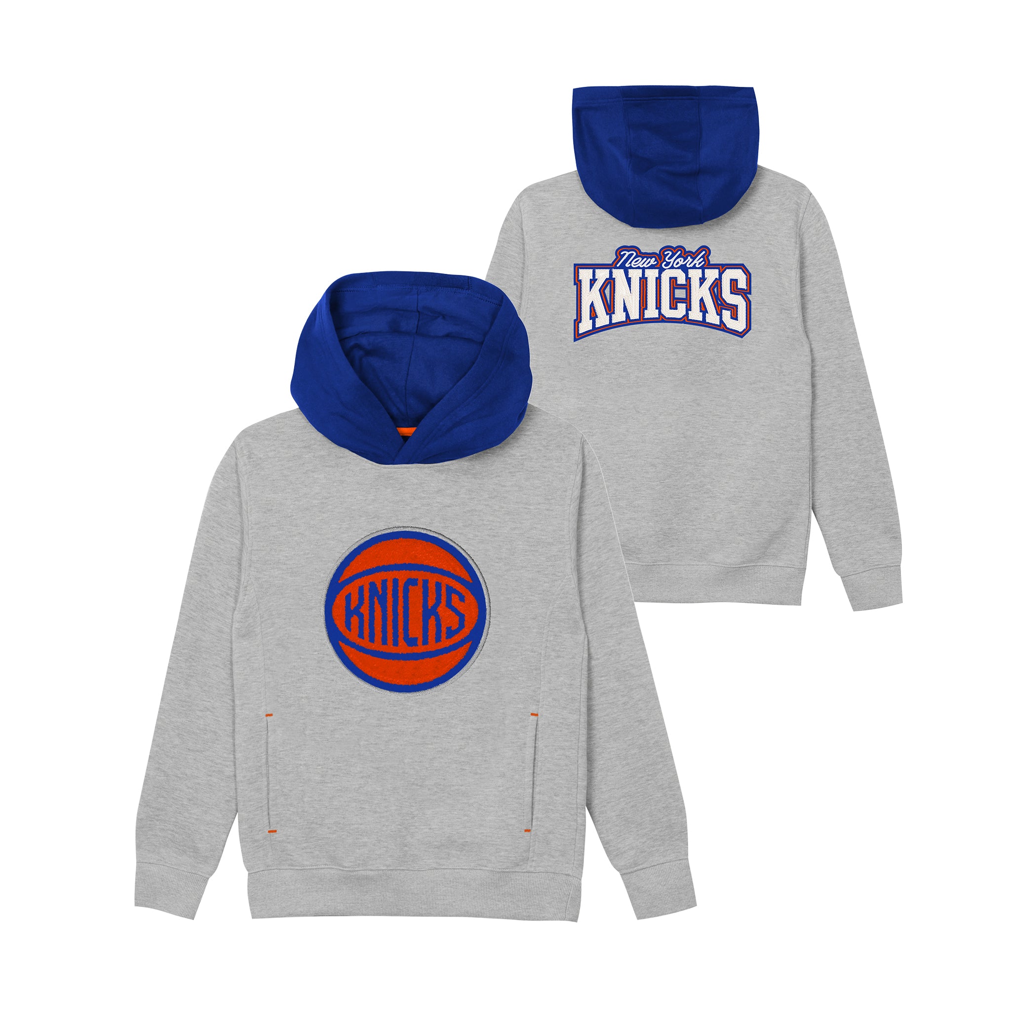 A heather gray hoodie with a royal blue hood, shown from both the front and back. The front features a circular Knicks logo in blue and orange, and the back features a large arched 'New York Knicks' logo in white and blue.