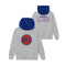 A heather gray hoodie with a royal blue hood, shown from both the front and back. The front features a circular Knicks logo in blue and orange, and the back features a large arched 'New York Knicks' logo in white and blue.