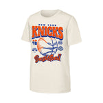 An off-white short-sleeve t-shirt featuring a vintage-style New York Knicks graphic on the front, including orange and blue lettering, a basketball illustration, and the number 48.
