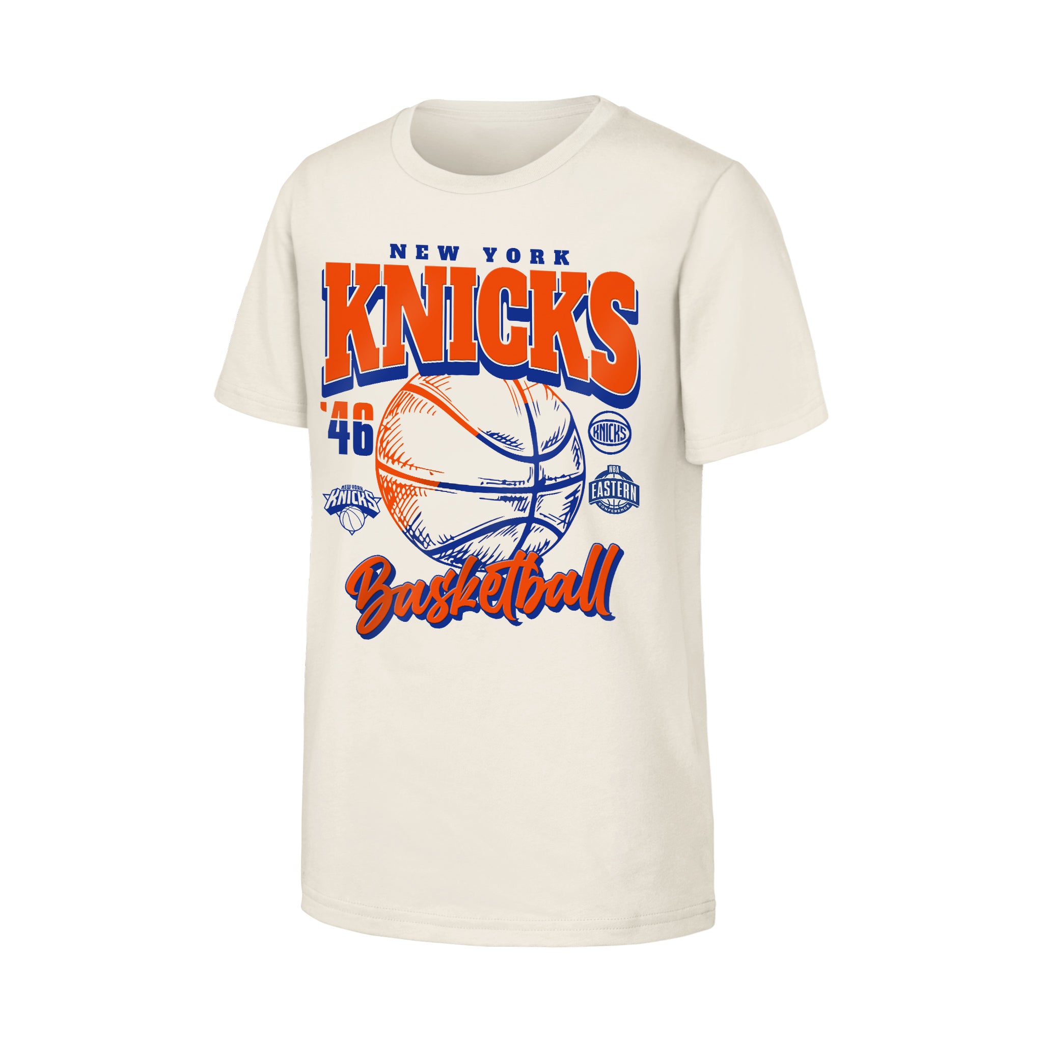 An off-white short-sleeve t-shirt featuring a vintage-style New York Knicks graphic on the front, including orange and blue lettering, a basketball illustration, and the number 48.