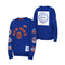 A royal blue New York Knicks crewneck sweatshirt shown from both the front and back. The front features orange 'NEW YORK' text, an orange and white Knicks logo, and smaller orange and white patches on the sleeves.