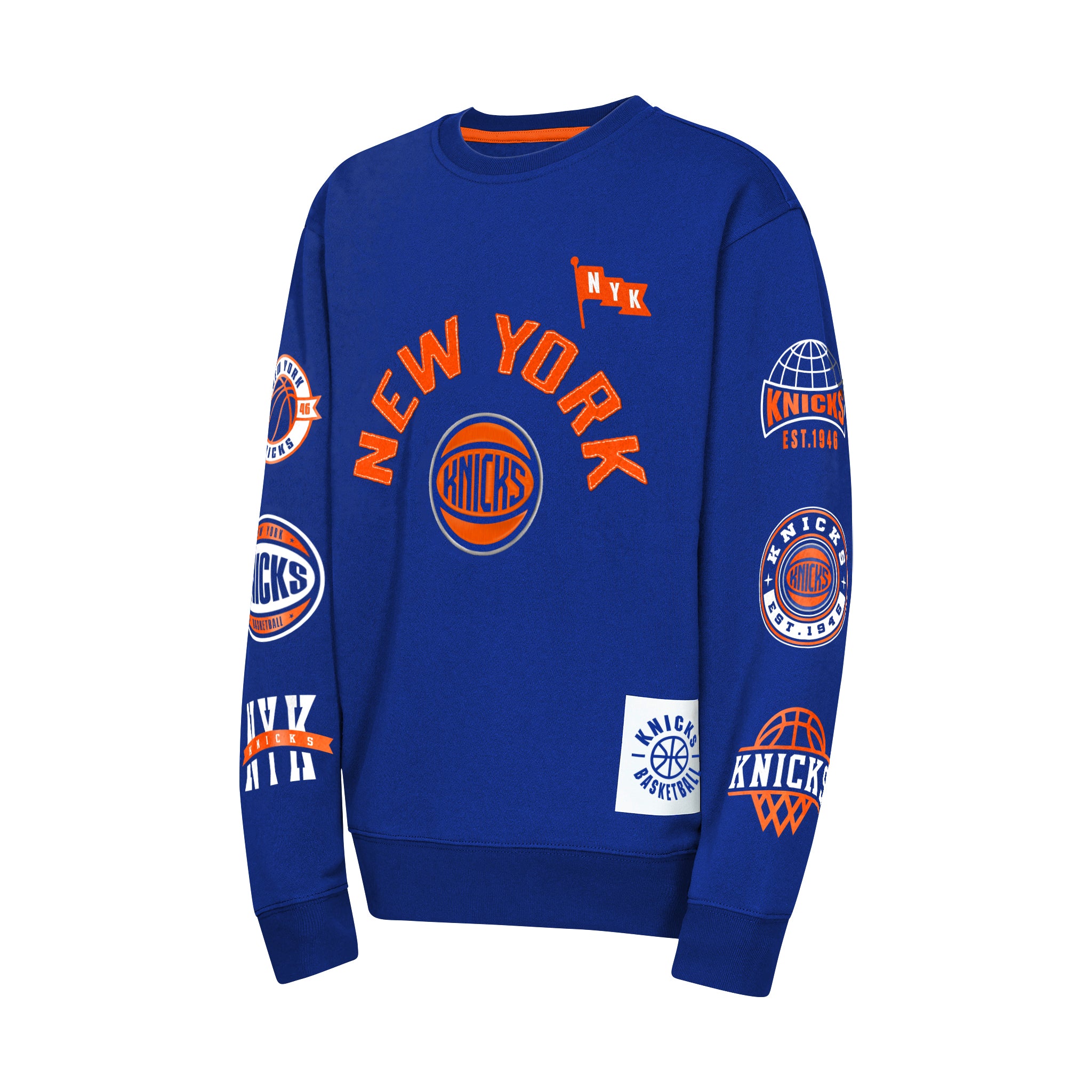 A royal blue crewneck sweatshirt featuring orange and white New York Knicks graphics, including 'NEW YORK' text, team logos, and sleeve patches, shown on a plain white background.