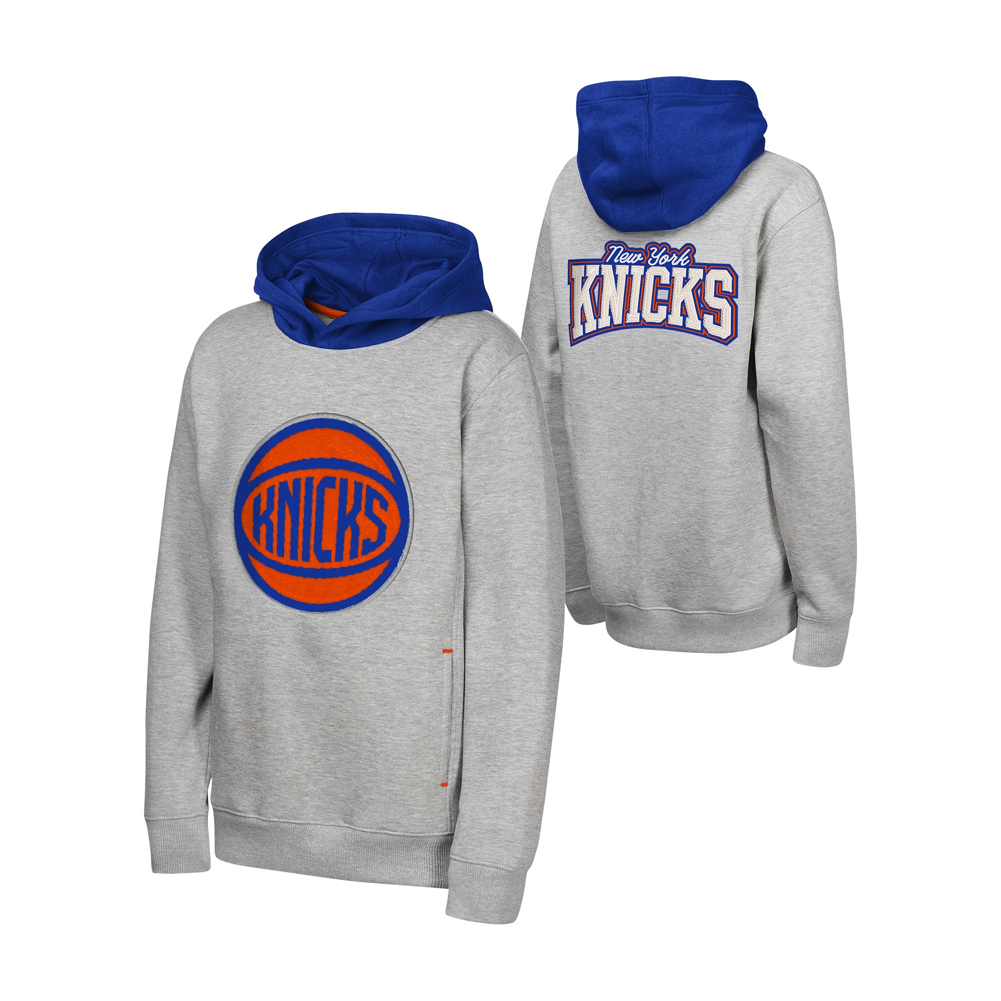 A heather gray pullover hoodie with a royal blue hood, featuring a large New York Knicks logo on the front and a smaller one on the back. The hoodie is shown from both the front and back angles against a plain white background.