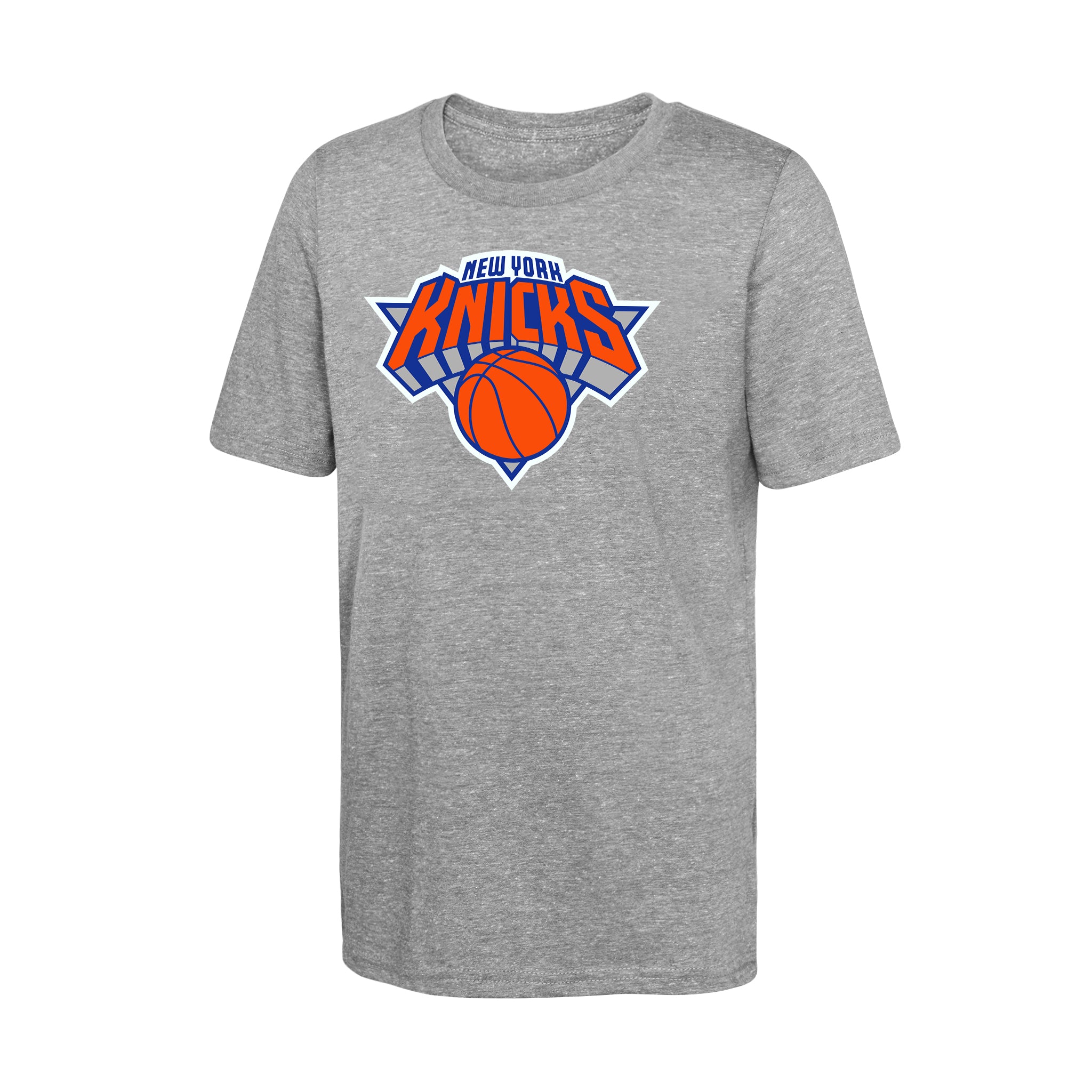 A heather gray short-sleeve t-shirt featuring the New York Knicks logo on the chest, displayed against a solid white background.