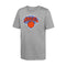 A heather gray short-sleeve t-shirt featuring the New York Knicks logo on the chest, displayed against a solid white background.
