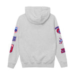 A light heather gray hoodie shown from the back, featuring red and blue graphics on both sleeves. The graphics include the text 'NEW YORK Rangers