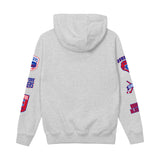 A light heather gray hoodie shown from the back, featuring red and blue graphics on both sleeves. The graphics include the text 'NEW YORK Rangers