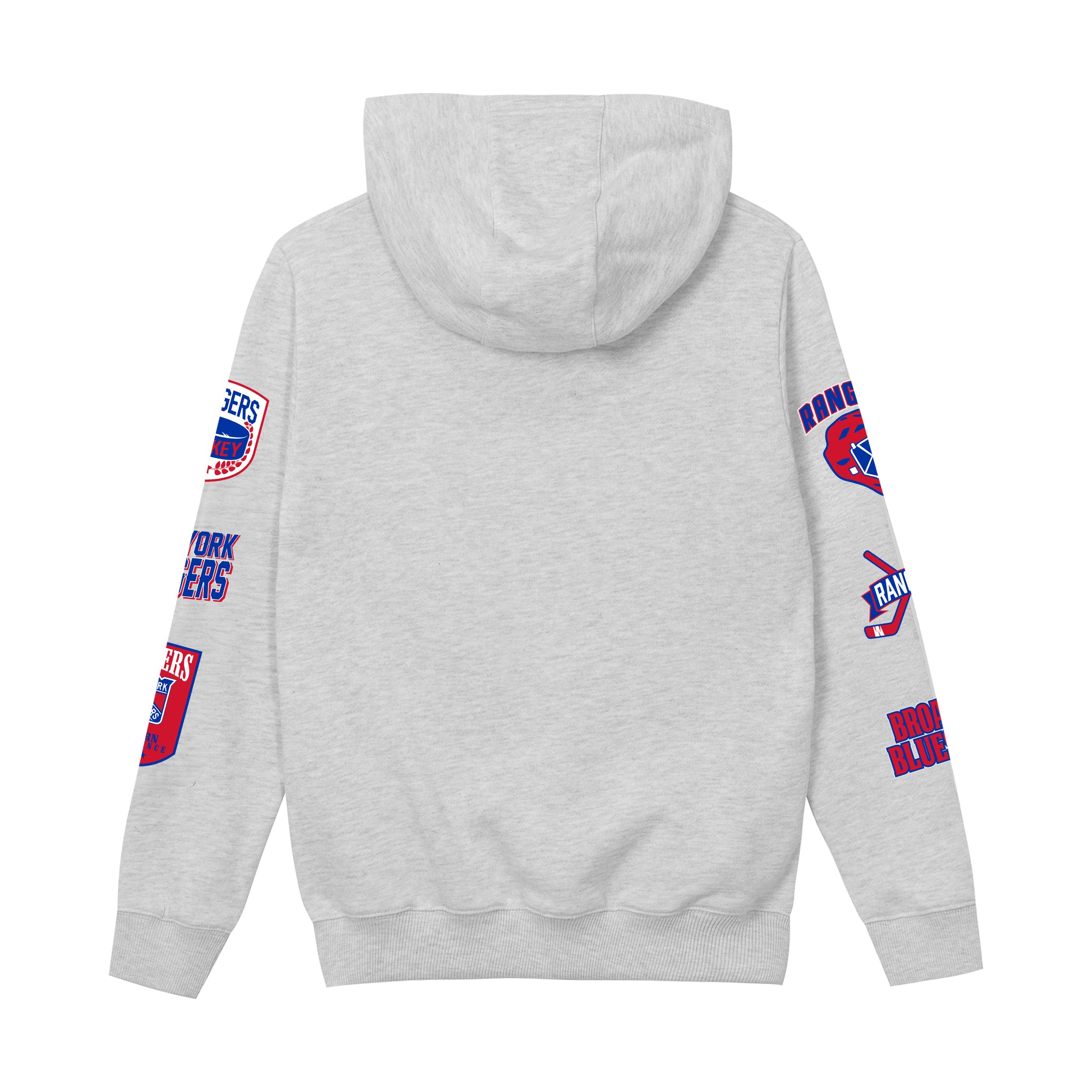 A light heather gray hoodie shown from the back, featuring red and blue graphics on both sleeves. The graphics include the text 'NEW YORK Rangers