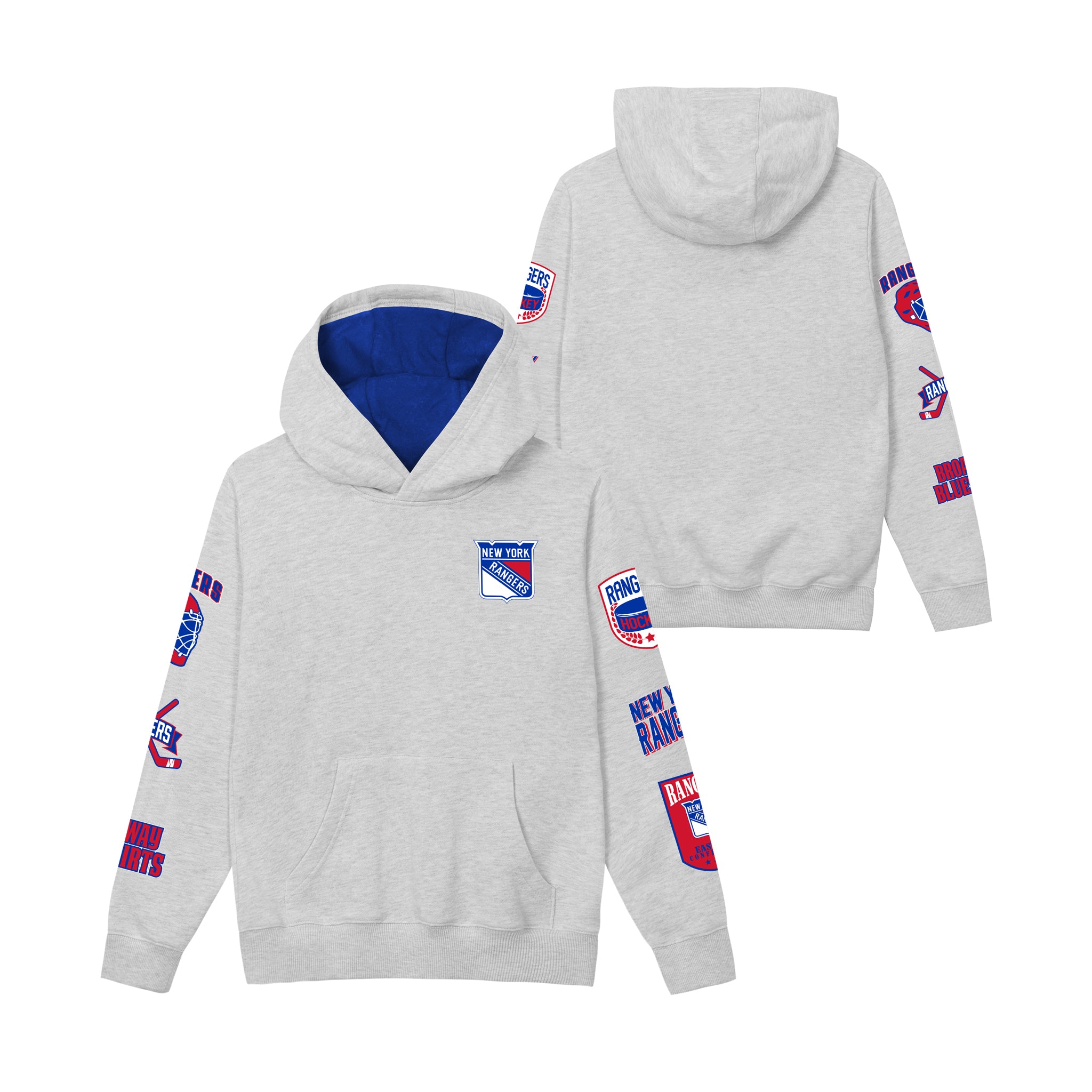 A light heather gray pullover hoodie shown from both front and back angles. The hoodie features a royal blue interior hood lining, a kangaroo pocket, and multiple colorful 'New York Rangers' patches printed on the chest and sleeves.