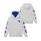 A light heather gray pullover hoodie shown from both front and back angles. The hoodie features a royal blue interior hood lining, a kangaroo pocket, and multiple colorful 'New York Rangers' patches printed on the chest and sleeves.