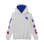 A light heather gray pullover hoodie with a royal blue hood lining and multiple New York Rangers themed graphics on the chest and both sleeves, shown against a plain white background.