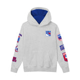 A light heather gray pullover hoodie with a royal blue hood lining and multiple New York Rangers themed graphics on the chest and both sleeves, shown against a plain white background.