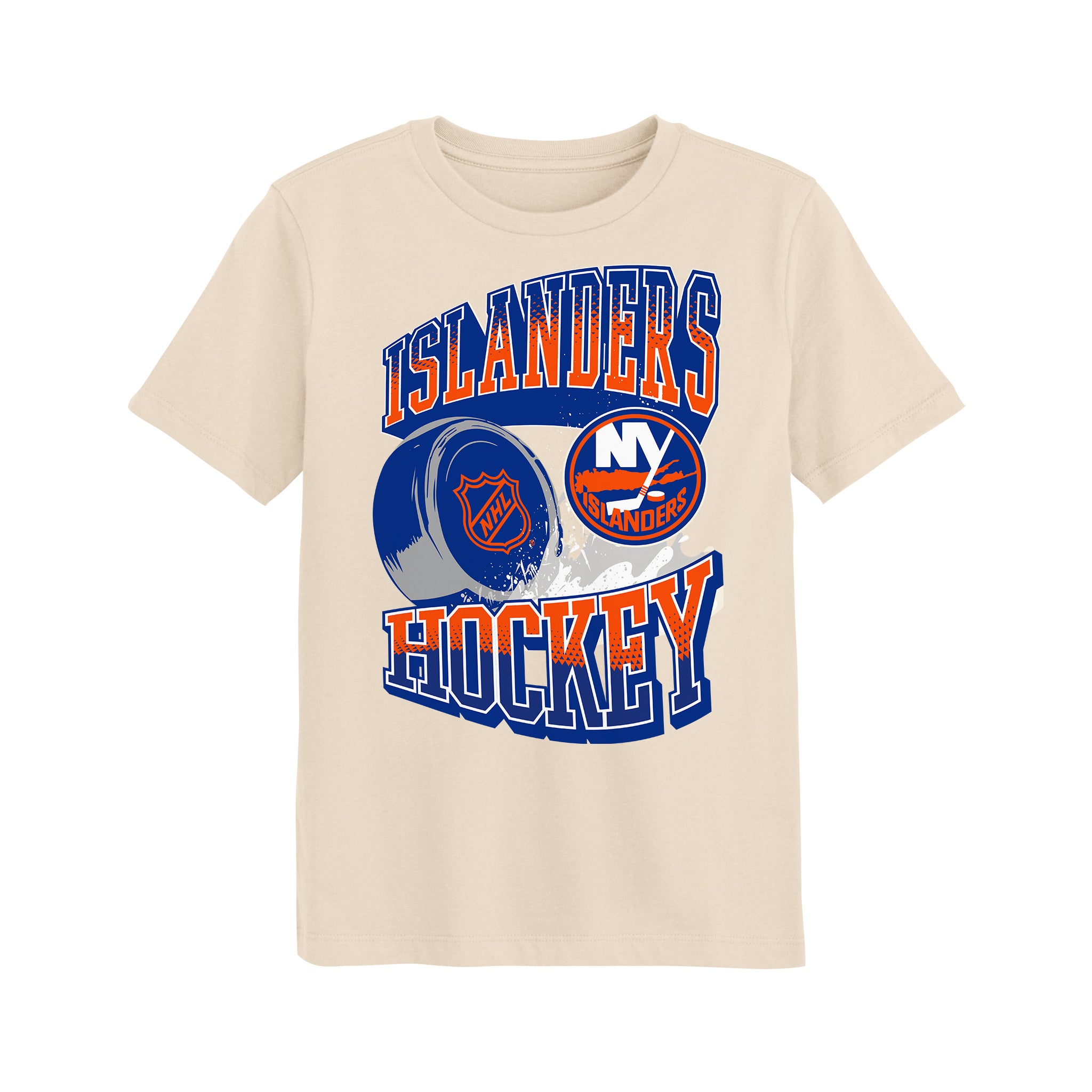 A cream-colored short-sleeve t-shirt featuring a 'ISLANDERS HOCKEY' graphic with the New York Islanders logo and a hockey puck on the front, set against a plain white background.