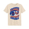 A cream-colored short-sleeve t-shirt featuring a 'ISLANDERS HOCKEY' graphic with the New York Islanders logo and a hockey puck on the front, set against a plain white background.
