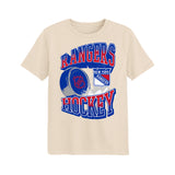 A cream-colored short-sleeve t-shirt featuring a 'Rangers Hockey' graphic on the front with red and blue lettering and a hockey pucks illustration.