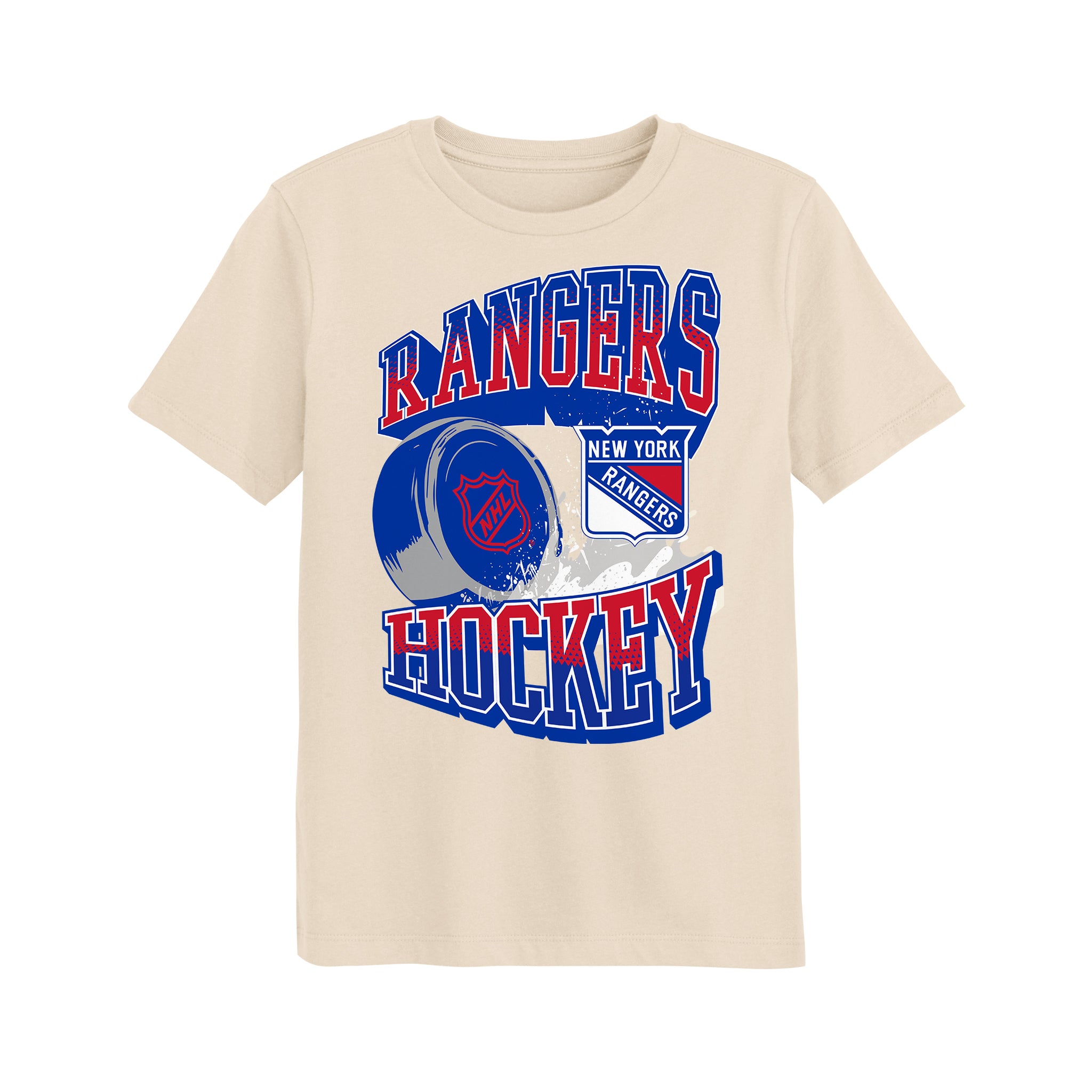 A cream-colored short-sleeve t-shirt featuring a 'Rangers Hockey' graphic on the front with red and blue lettering and a hockey pucks illustration.
